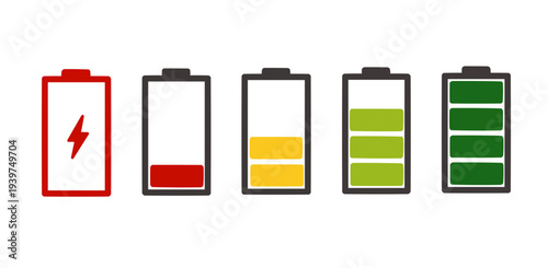 Comprehensive collection of battery charge level indicators showcasing various states from critical low and charging to completely full power capacity