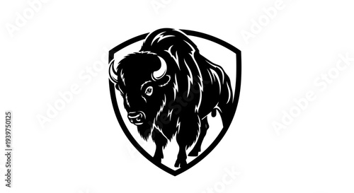 Black bison head in shield logo.