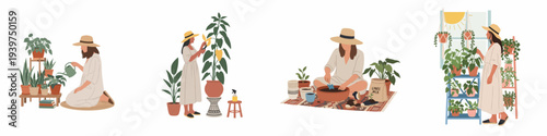 A woman tending to her collection of indoor plants, showcasing various aspects of home gardening including watering, pruning, and repotting, promoting a serene green lifestyle.