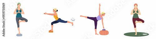 Diverse women illustrate various yoga poses including tree and warrior for balance, fitness, and mindfulness practice.