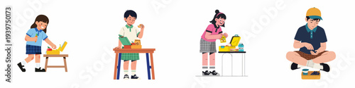 Children enjoying various packed lunches and snacks, illustrating healthy eating habits and school mealtime routines with colorful flat illustrations.