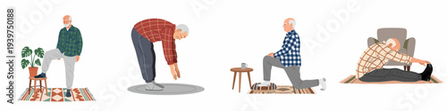 Senior man staying active with a variety of home exercises, including stretching and flexibility routines, promoting healthy aging and well-being.