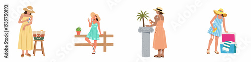 Women in summer outfits applying sunscreen, showcasing sun protection and beauty routines for outdoor holidays and healthy skin care.