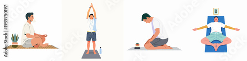 Collection of men practicing diverse yoga and meditation poses for mindfulness, relaxation, and physical well-being, illustrating healthy lifestyle and inner peace.