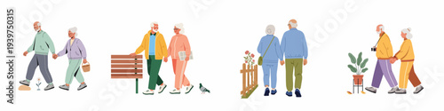 Senior couples enjoying walks and leisure activities, illustrating an active and happy retirement lifestyle in various settings.