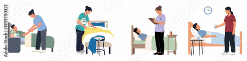 Nurses providing essential patient care services: Illustrations depicting medical assistance, comfort, and routine health checks.