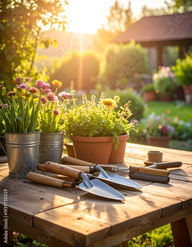 Gardening tools and flowers on wooden table