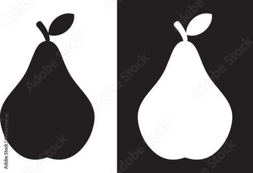 Pear Duo: Two pears, a black and a white, stand side by side, their silhouettes playing with contrast and simplicity.