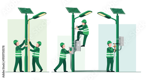 Workers Installing Solar Street Lights.