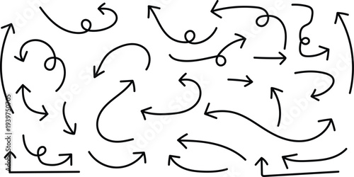 A complex arrangement of curved and straight arrows on a plain white background