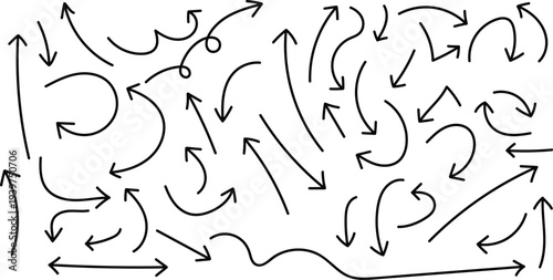 A complex arrangement of arrows on a white background