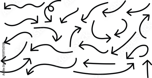 A collection of various black arrows and curved lines on a white background pointing in multiple directions