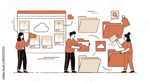 People organizing digital files and data in a collaborative workspace with cloud storage
