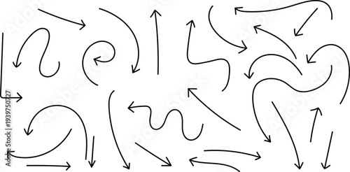 A collection of various curved and straight arrows on a white background