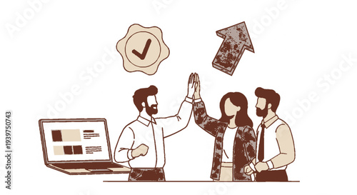 Three professionals celebrating success with high five laptop nearby checkmark and upward arrow symbols above teamwork and achievement