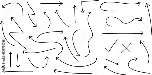 A collection of various hand drawn arrows and directional symbols in black on a white background for use in diagrams and illustrations