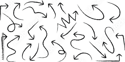 Collection of hand drawn arrows and squiggles on white background