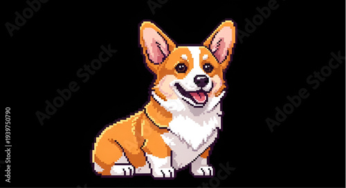 Cute Welsh Corgi Dog Standing Pixel Art Character Isolated on Black Background