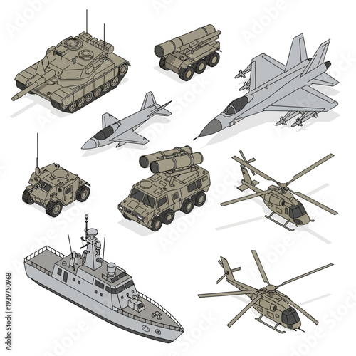 Military vehicles and aircraft collection illustration.