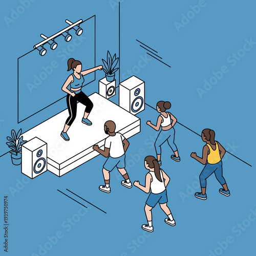 Group Fitness Class with Instructor Leading Exercise Routine.