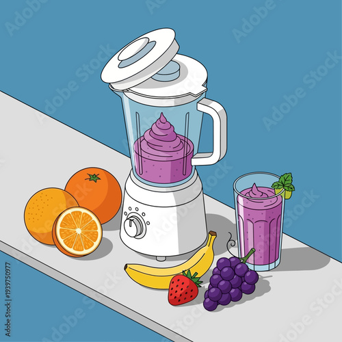 Blender with fruit and smoothie on a kitchen counter.