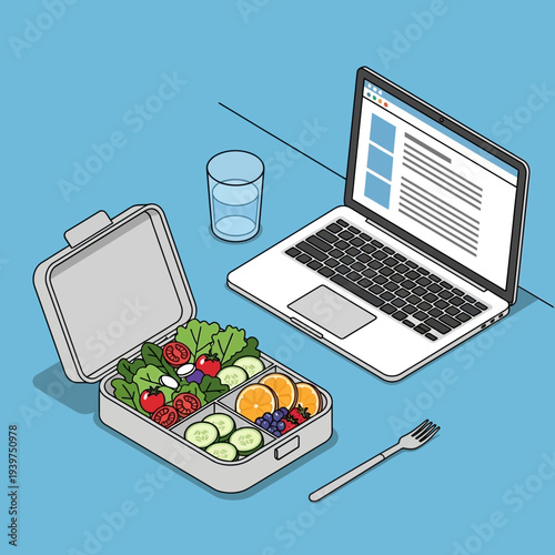 Healthy meal in lunch box next to laptop and glass of water.
