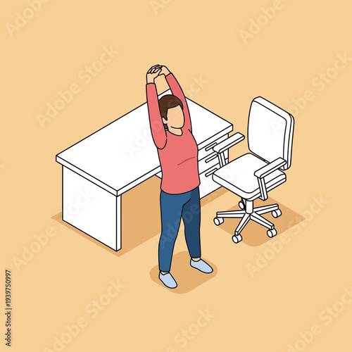 Man stretching arms in office workspace with desk and chair.