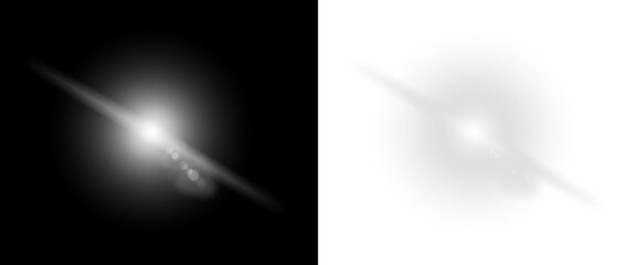 White bright light source with diagonal lens flare streak, overlay and distinct bokeh effects on transparent background
