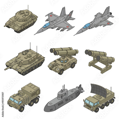 Collection of Military Vehicles and Equipment.