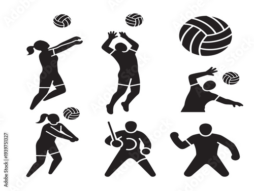 Dynamic volleyball players in action - silhouette vector illustration