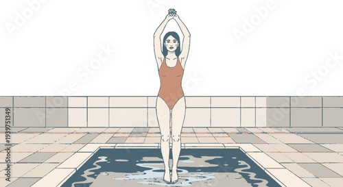 Woman in swimsuit practicing yoga on blue rug in modern minimalist bathroom with tiled floor and wall
