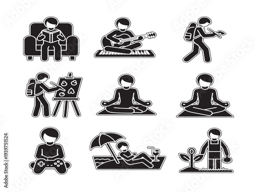 Black and white silhouette icons of various activities and professions