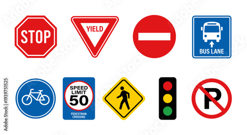 Collection of various traffic signs and symbols arranged in a grid pattern on a white background viewed from directly above