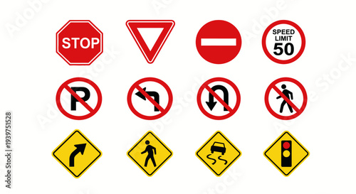 Collection of traffic signs and road symbols displayed on a white background, illustrating various traffic rules and pedestrian guidelines.