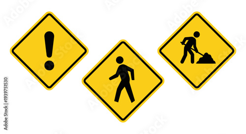 Set of yellow traffic signs with black icons for caution warning and construction pedestrian road work from Traffic_sign_vector_icons_set_e76599e148.eps