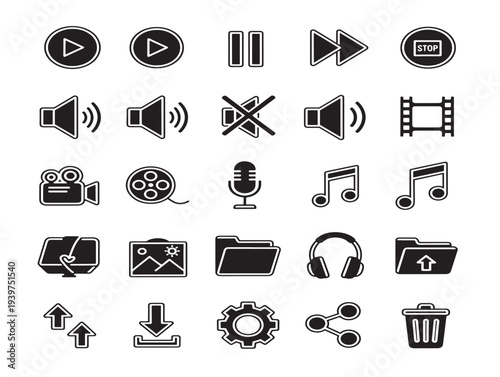 Minimalist icon set of social media and media controls