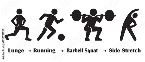 Exercise and Fitness Icon Set - Black Silhouettes of Lunge, Running, Barbell Squat, and Side Stretch