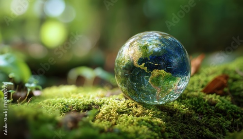 Enhancing Earth'S Beauty: Sunlight Shining Through Crystal Or Glass Spheres In A Green Mossy Forest Promoting Conservation And Eco Protection