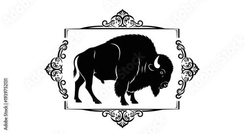 Black bison silhouette in ornate frame.