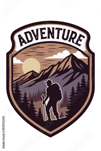 Vintage-style badge design featuring a lone adventurer exploring a majestic mountain landscape under a vast sky, symbolizing the spirit of outdoor exploration and journey