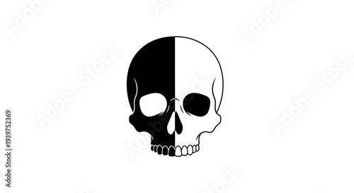 Split skull, dual tone black and white illustration