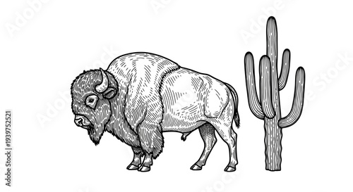 American Bison Standing in Profile View.