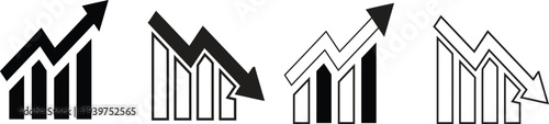 Four black and white bar graphs with arrows on a white background