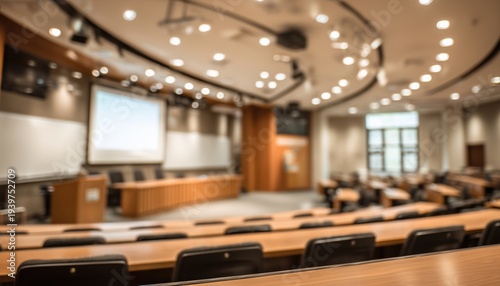 Spacious Seating And Advanced Technology In A Canadian University Lecture Room, Blurred Image For Educational Use.