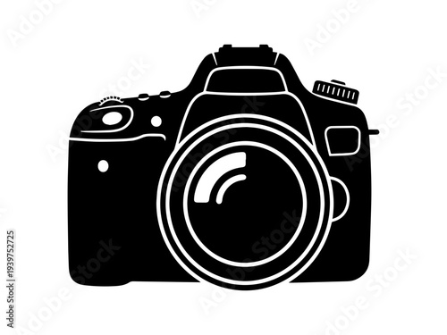 A clean black silhouette of a digital SLR camera with a lens, ideal for photography logos, icons, and graphic design elements.