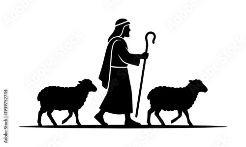 Minimalist black silhouette vector of a shepherd walking with sheep and a wooden staff. Ideal for religious, biblical, or pastoral themes.