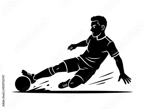 Minimalist black and white vector illustration of a football player in a dynamic sliding motion to kick a soccer ball. Ideal for sports logos and promotional posters.