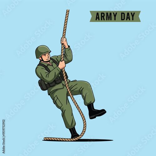 Soldier climbing a rope in military uniform on Army Day.