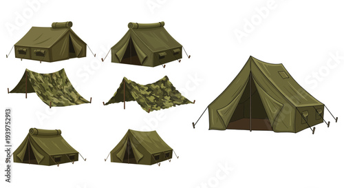 Collection of various green military style tents and shelters.