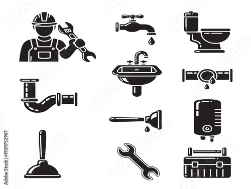Minimalist icon set of household appliances and tools